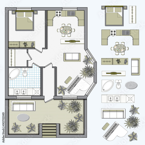 Architectural color floor Plan with furniture top view. 
One bedroom studio apartment. Vector illustration.