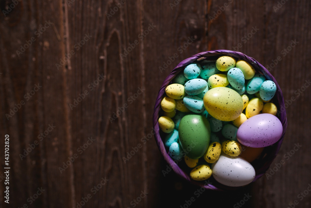 Easter eggs on wooden background. Can be personalized with your message for a festive Easter card. Easter eggs on wooden background. Can be personalized with your message for a festive Easter card.