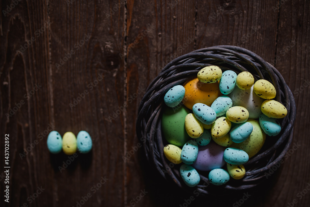 Easter eggs on wooden background. Can be personalized with your message for a festive Easter card. Easter eggs on wooden background. Can be personalized with your message for a festive Easter card.