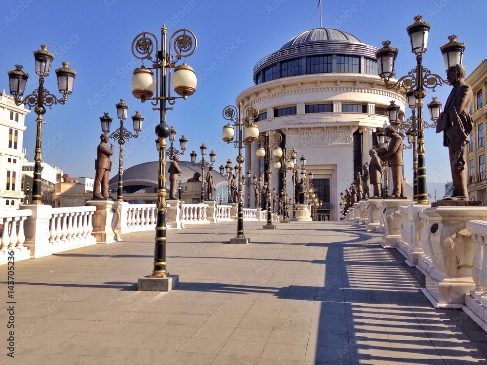Bridge with lanterns and starues in Skopje, Macedonia - obrazy, fototapety, plakaty 