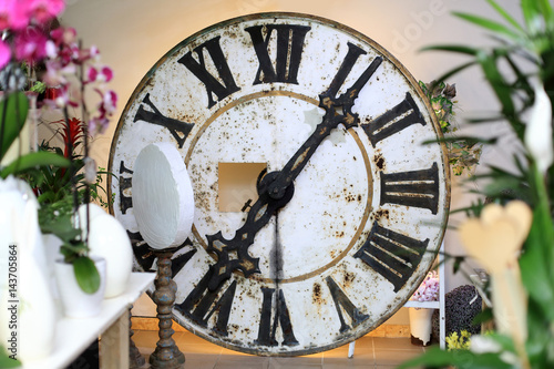 Ogromny zabytkowy zegar w kwiaciarni.