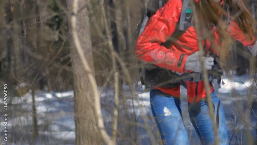 Snow Hiker Hiking in winter forest. Travel, Trekking, Extreme Sport concept. 4K Snow Hiker Hiking in winter forest. Travel, Trekking, Extreme Sport concept. 4K