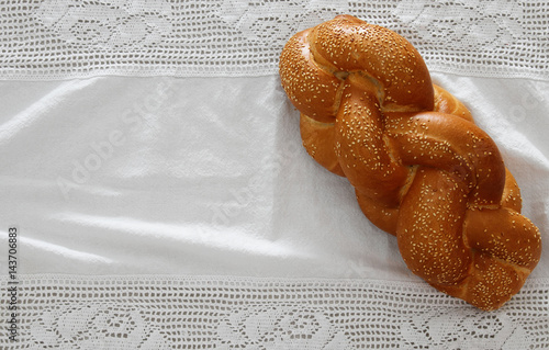 Traditional challah bread top view image photo