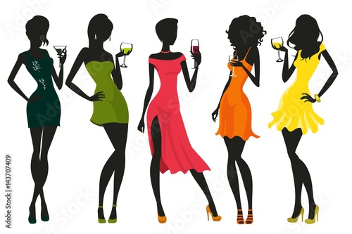 Women in evening dress with drinks in their hands