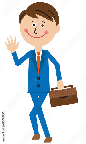 ポップな青いスーツのサラリーマン　出勤　全身