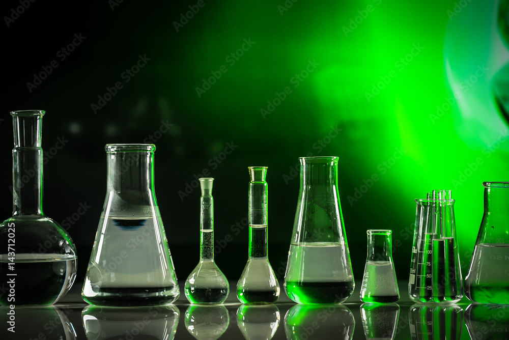 Science laboratory research and development concept. microscope with test tubes Science laboratory research and development concept. microscope with test tubes