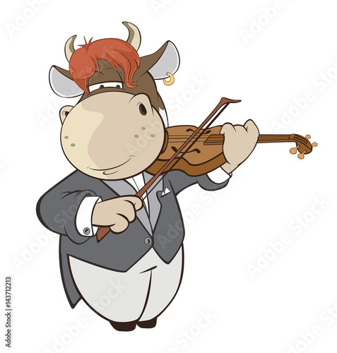 Illustration of a Cute Cow Violinist. Cartoon Character