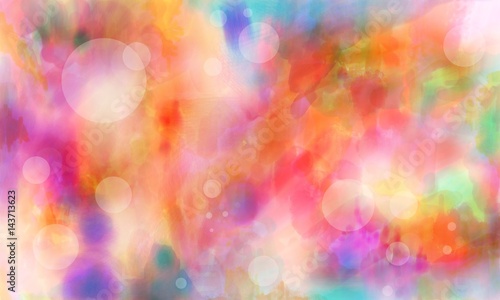 bright colorful digital watercolor paint background with white transparent circles bubbles or bokeh lights on pink purple blue green and red colors