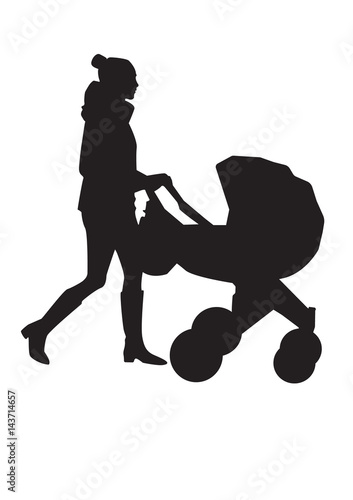 Silhouette of mom walking with stroller vector