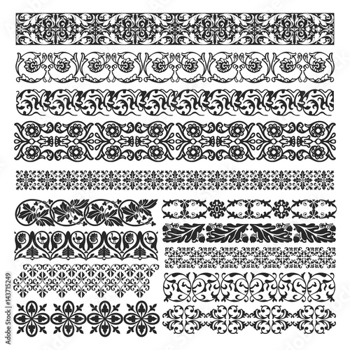 Set of floral vector borders, isolated on white background.