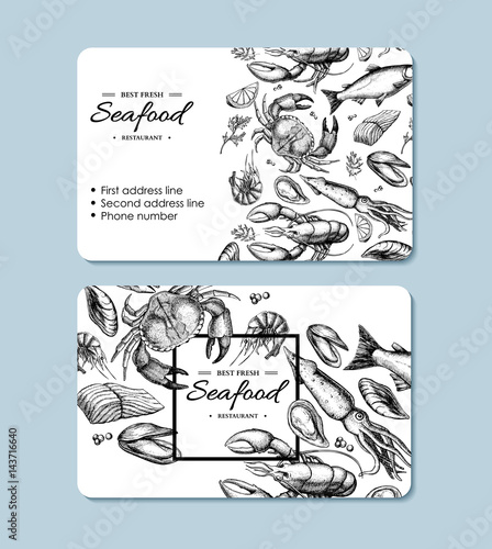 Seafood hand drawn vector business card. Crab, lobster, shrimp, oyster, mussel, caviar and squid.