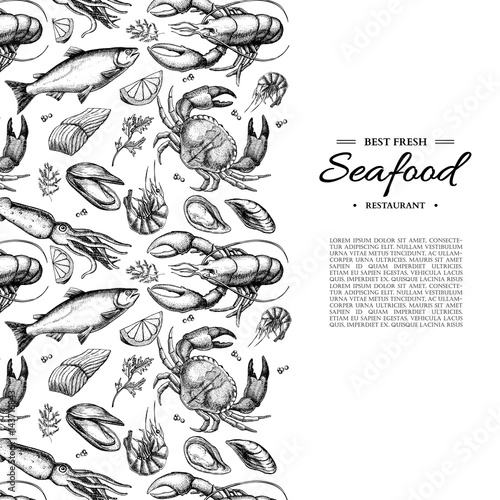 Fotografia Seafood hand drawn vector framed illustration
