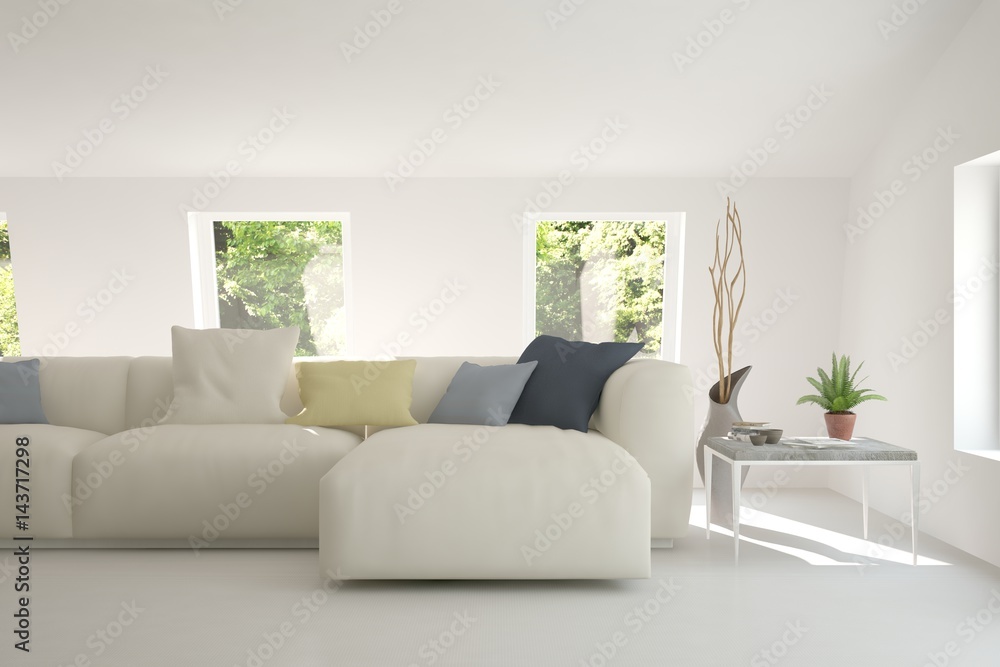 Fototapeta premium White room with sofa and green landscape in window. Scandinavian interior design. 3D illustration