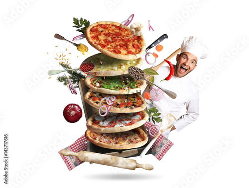 Pizza with different tastes with vegetables, cooking