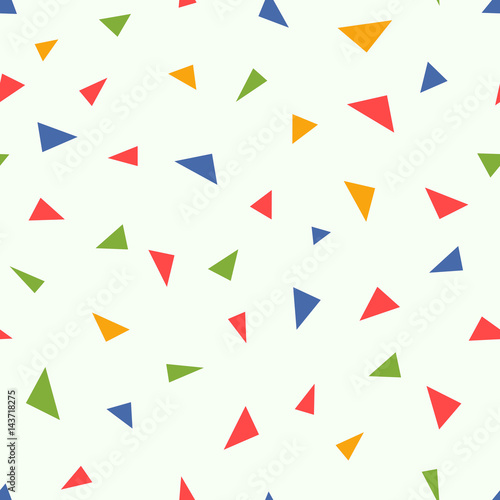 Seamless simple geometric pattern with small colorful triangle forms. Repeat blue, red, green, yellow color figures. Vector texture background.