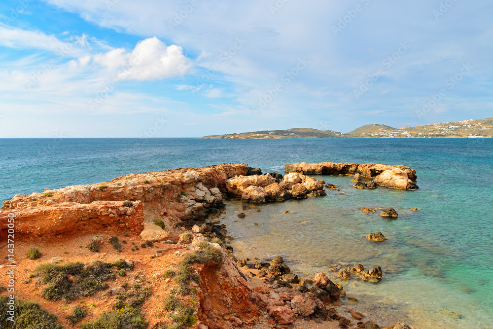 A view of beautiful Parikia bay with turquoise sea water, Paros island, Greece. A view of beautiful Parikia bay with turquoise sea water, Paros island, Greece.