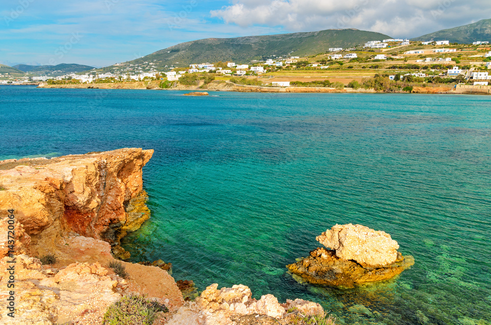 A view of beautiful Parikia bay with turquoise sea water, Paros island, Greece.