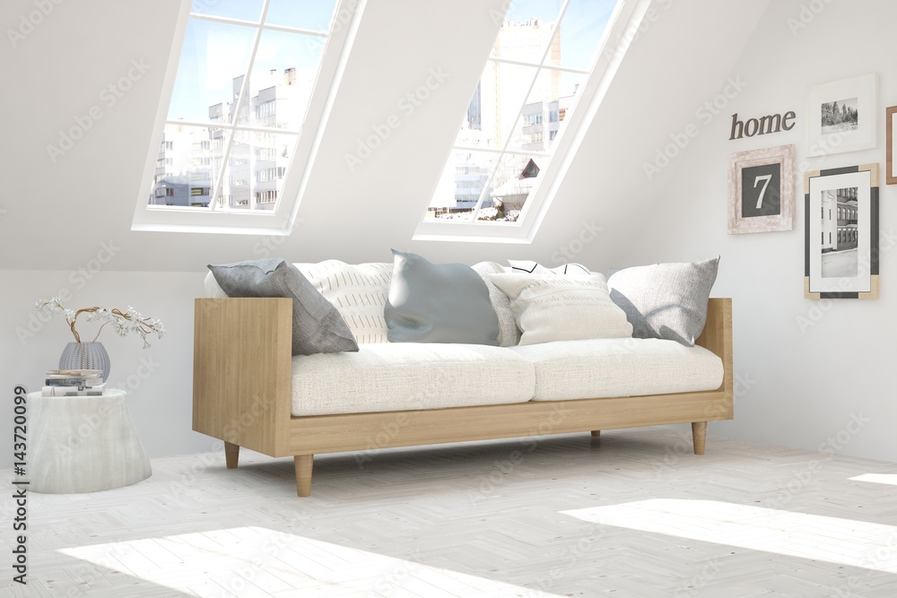White room with sofa and urban landscape in window. Scandinavian interior design. 3D illustration White room with sofa and urban landscape in window. Scandinavian interior design. 3D illustration