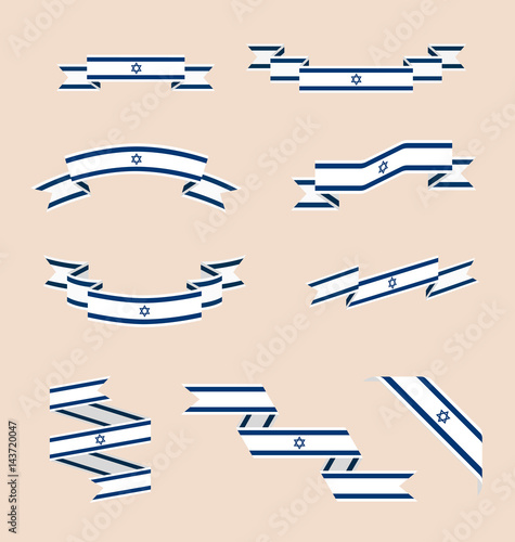 Vector set of scrolled isolated ribbons or banners in colors and with symbol of flag of Israel.