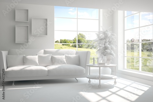 White room with sofa and green landscape in window. Scandinavian interior design. 3D illustration