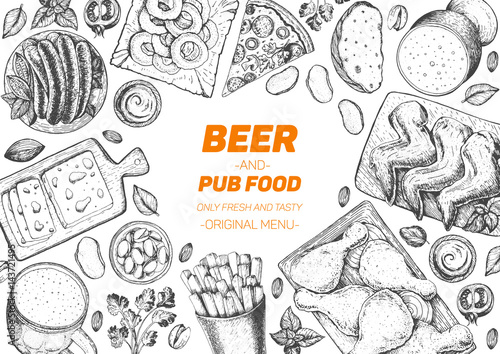 Pub food frame vector illustration. Beer, meat, fast food and snacks hand drawn. Food set for pub design top view. Vintage engraved illustration for beer restaurant for beer restaurant.