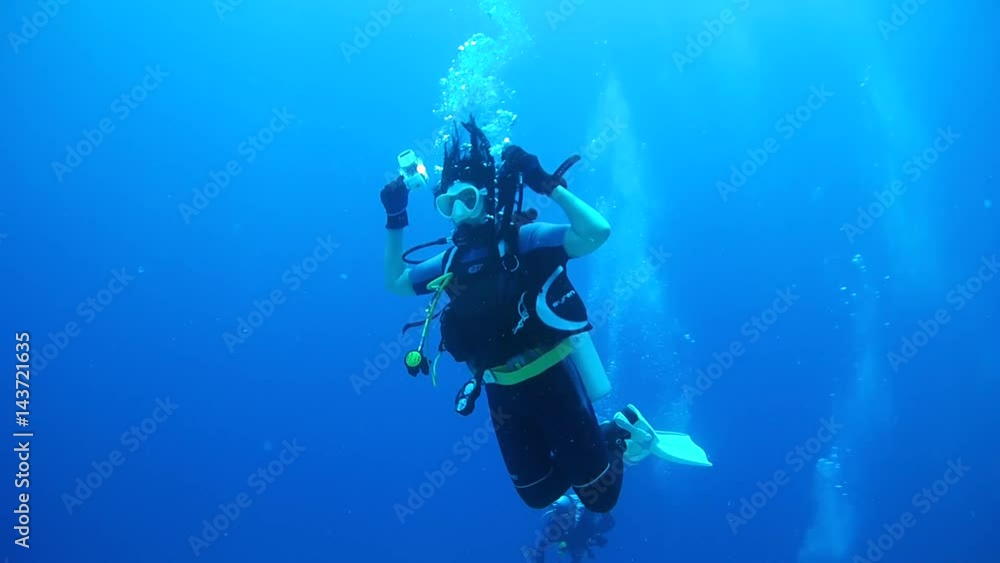 A group of scuba divers dive in the blue water over coral reef, Indian Ocean, Maldives
A group of scuba divers dive in the blue water over coral reef, Indian Ocean, Maldives