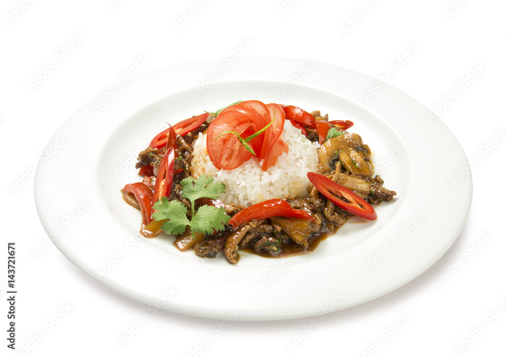 Fried chicken with mushrooms and vegetables isolated
Fried chicken with mushrooms and vegetables isolated