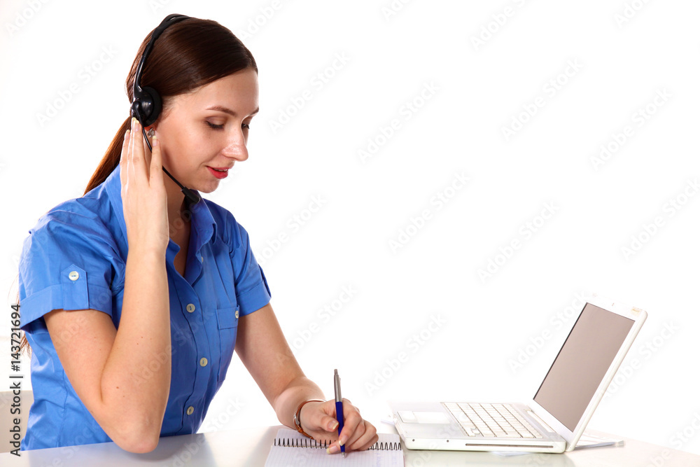 Side view of a beautiful consultant with microphone and headphone Side view of a beautiful consultant with microphone and headphone