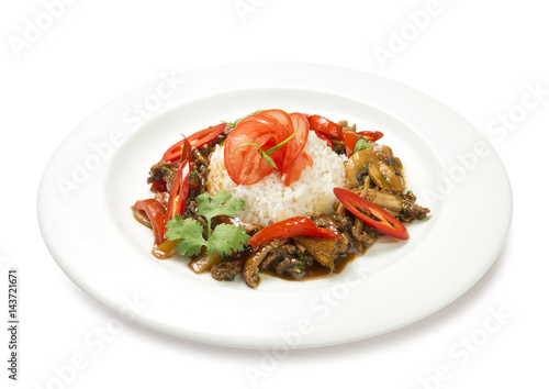 Fried chicken with mushrooms and vegetables isolated 