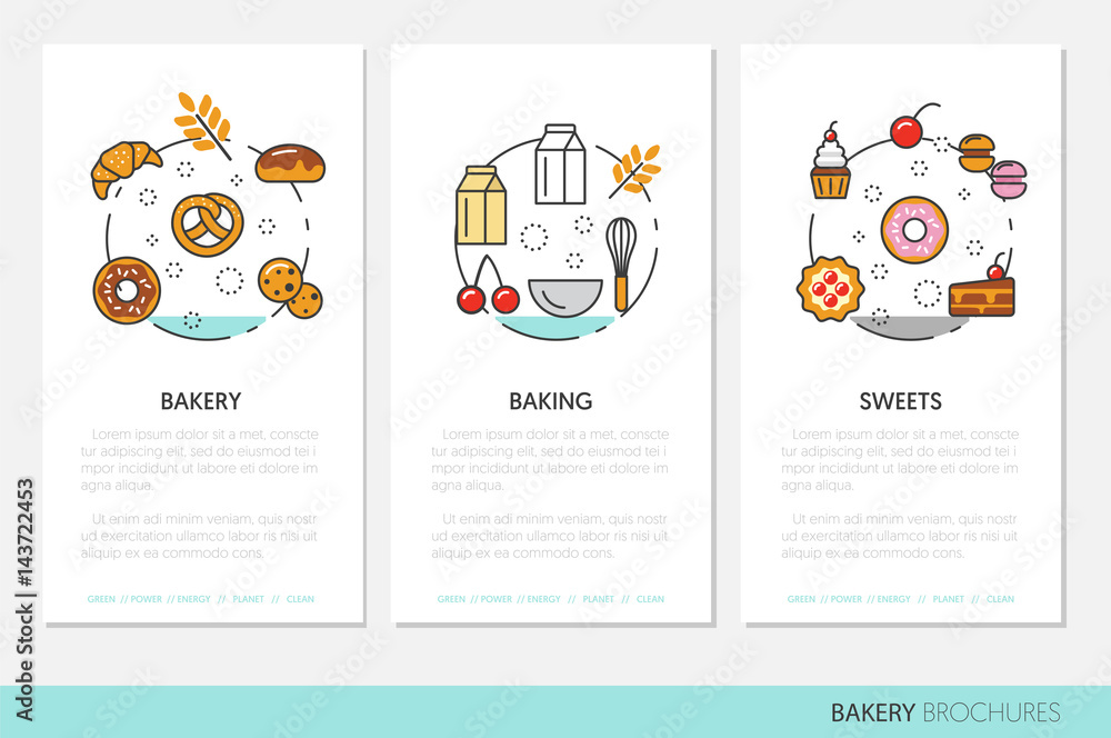 Obraz premium Bakery and Desserts Business Brochure Template with Thin Line Vector Icons