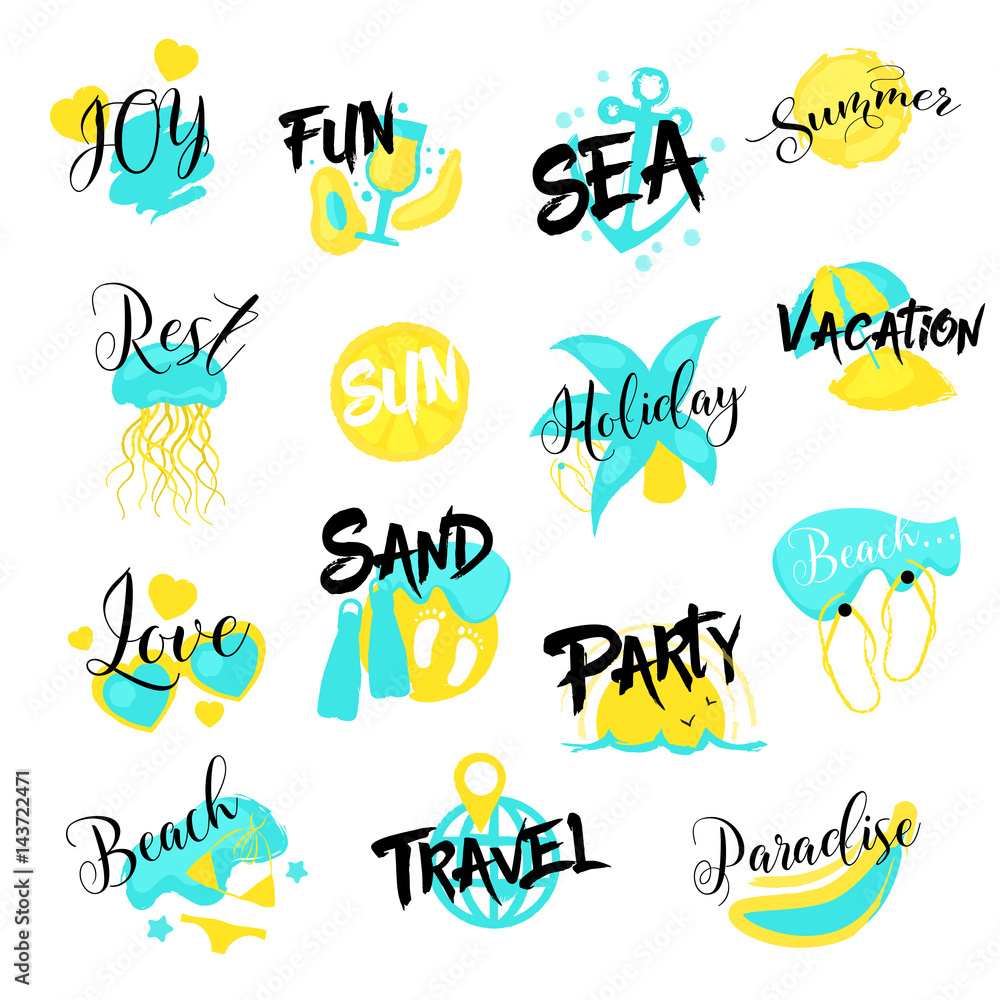 Summer Vacations Hand Drawn Logo Set. Sea Holidays. Retro vector illustration