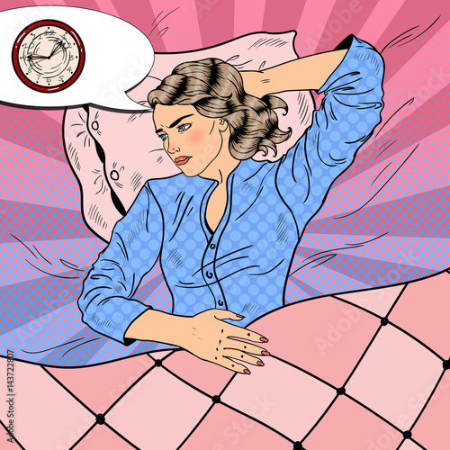 Young Woman with Insomnia Lying in Bed. Pop Art retro vector illustration