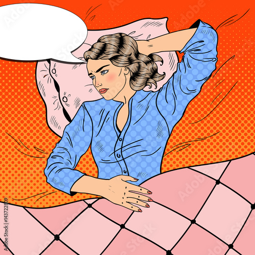 Sleepless Young Woman Lying in Bed. Insomnia. Pop Art retro vector illustration