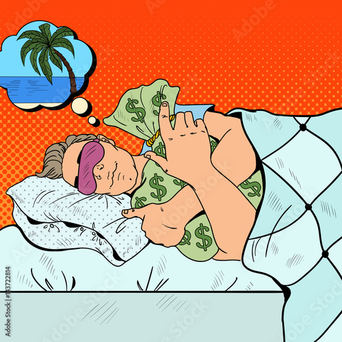 Man Sleeping in Bed with Money Bags and Dreaming about Vacations. Pop Art retro vector illustration