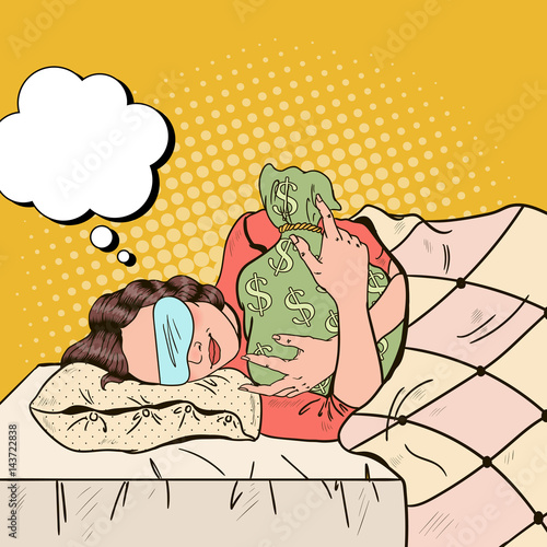 Business Woman Sleeping in Bed with Money Bag. Pop Art retro vector illustration