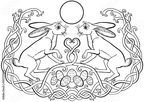 Vector illustration of Easter bunnies pair and eggs black and white. The fertility symbol of antiquity.