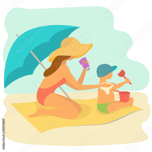 Mom rubs sunscreen the back of your little child on the beach