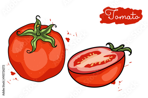 juicy, ripe red tomato. half of the tomato. squirt of tomato