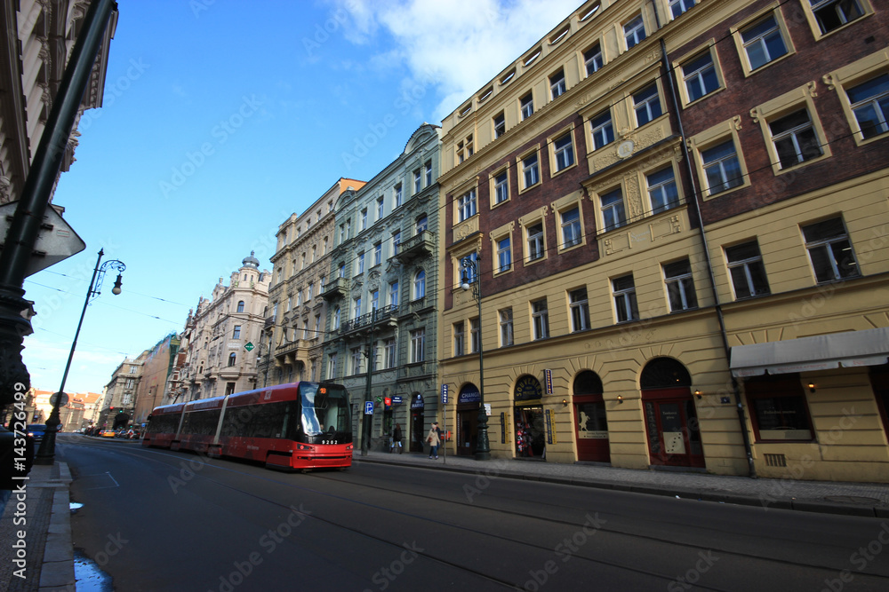 Wide angeled street of Praha with tramway