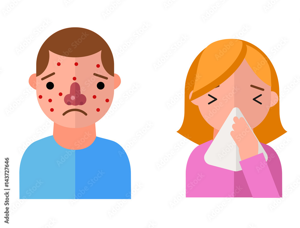 Allergy symbols disease healthcare characters viruses and health flat label people with illness allergen symptoms disease information vector illustration. Allergy symbols disease healthcare characters viruses and health flat label people with illness allergen symptoms disease information vector illustration.