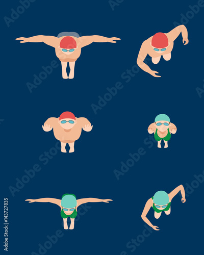 Vector illustration of swimming style scheme different swimmers man and woman in pool sport exercise.