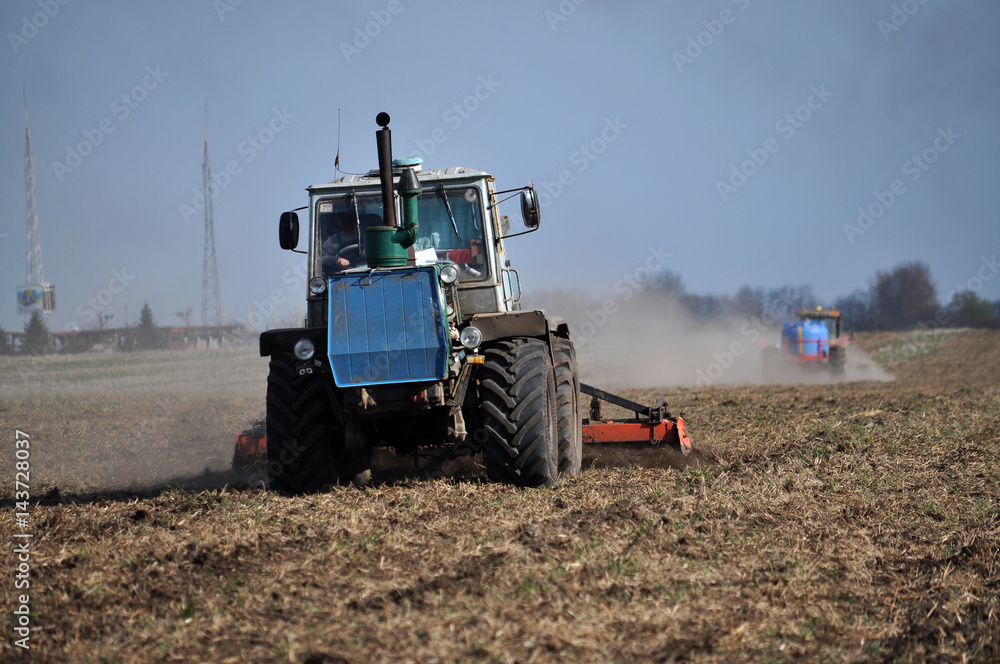 Fototapeta premium Tractors prepare the area for planting sugar beets using strips for fine grinding ground