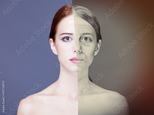 photo of youth and old age on the same woman on the wonderful grey background