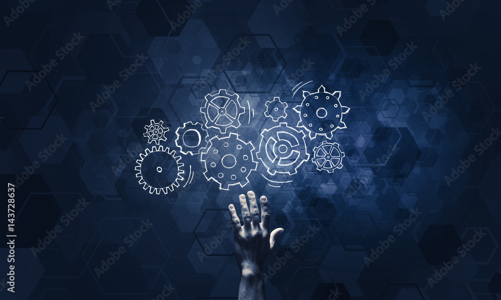 Glowing cogwheel mechanism icon on dark background as symbol of Glowing cogwheel mechanism icon on dark background as symbol of