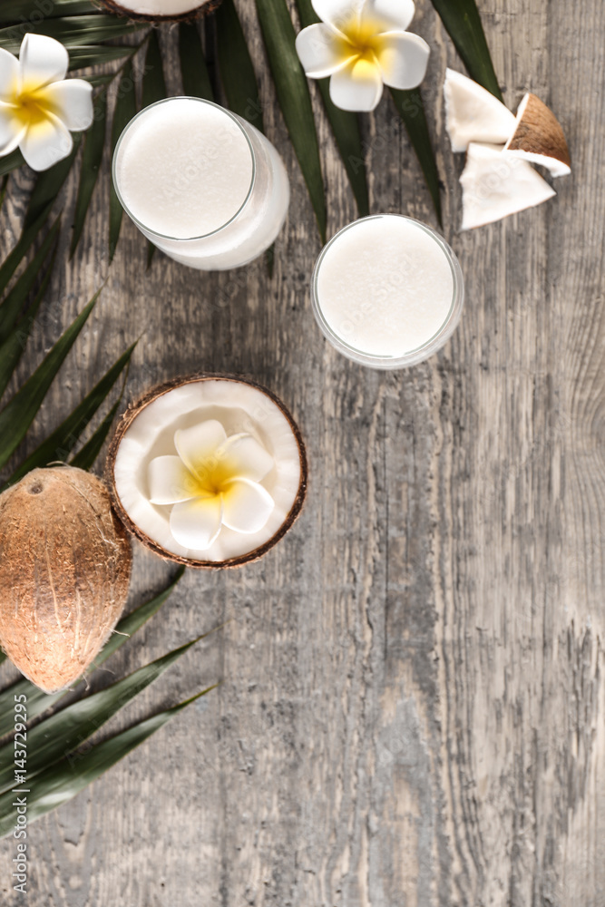 Beautiful composition with coconut water on table Beautiful composition with coconut water on table