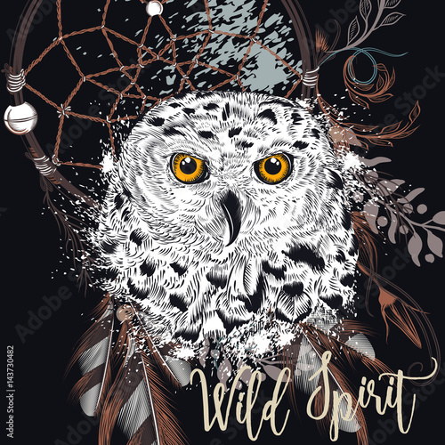Fashion boho Illustration with dreamcatcher and owl. Wild spirit