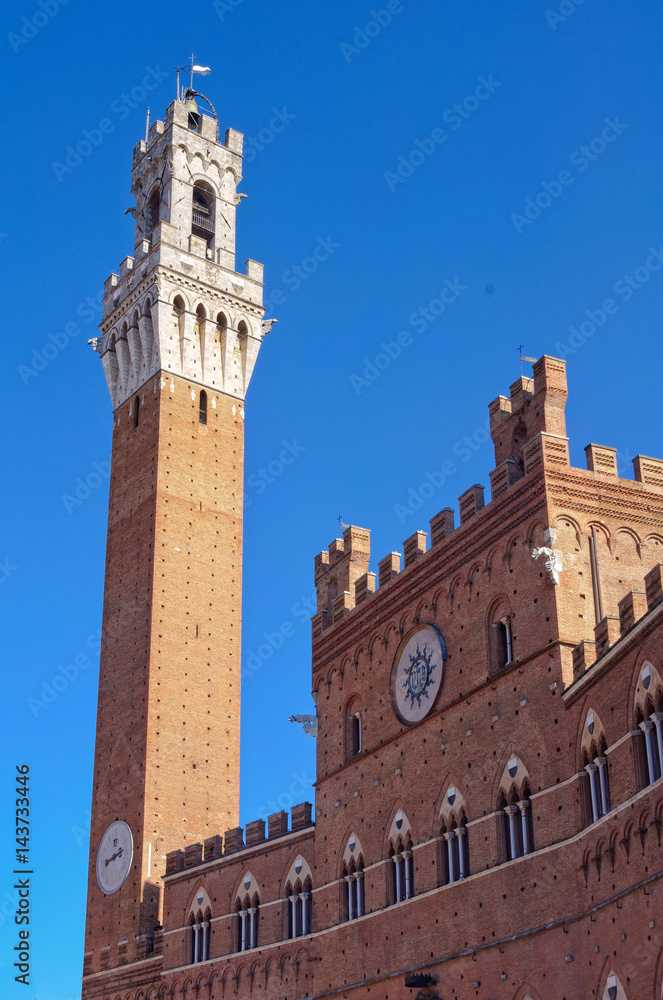 Torre del Mangia and the Palazzo Pubblico on the Piazza del Campo in Siena, Italy