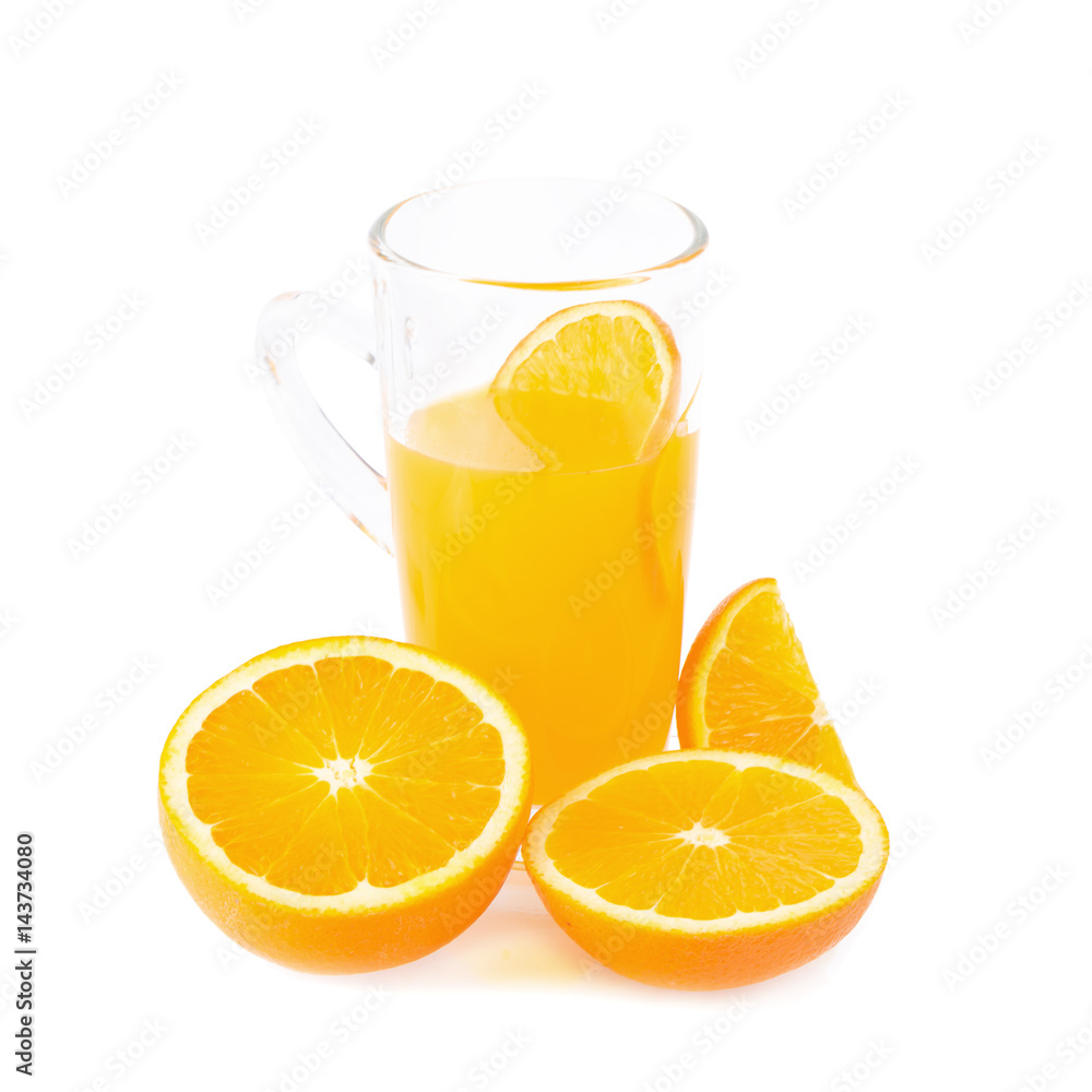 slices of oranges and orange juice isolated on white background slices of oranges and orange juice isolated on white background