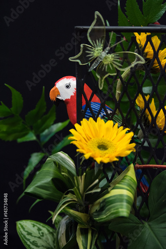 yellow flower with parrot bird