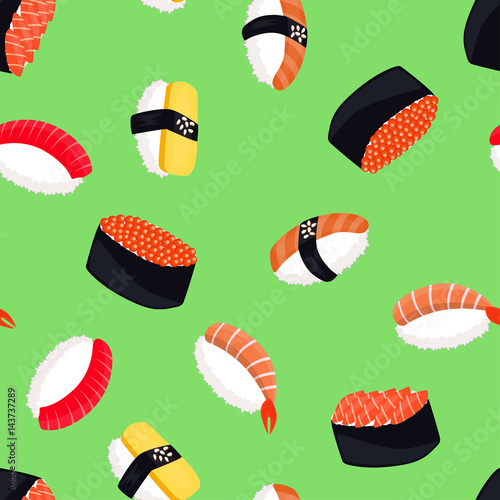Seamless background with tasty rolls and sushi